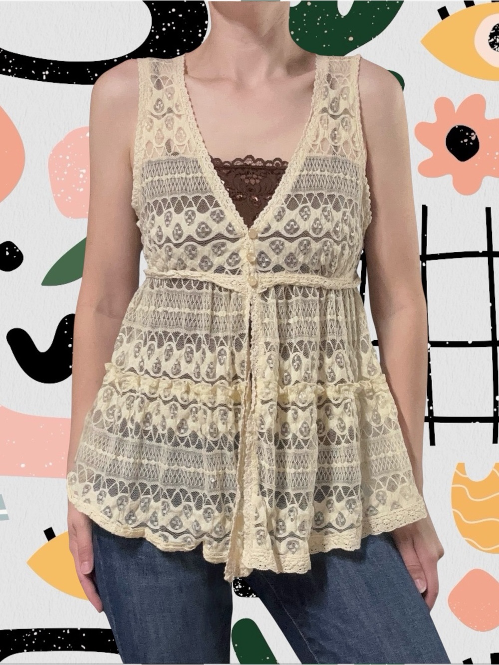 Pretty Good | Vintage Y2K Cream Lace Sheer Babydoll Top